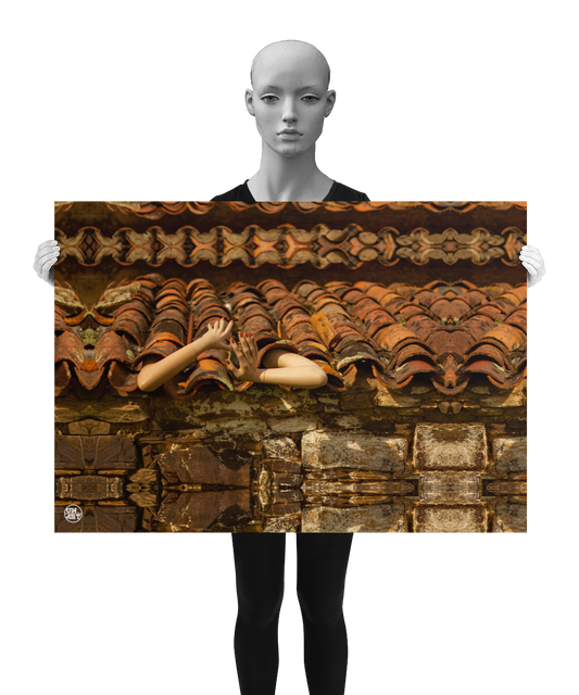 un4rt - a photographie that is mirrored on all sides. the image shows an old roof with arms coming out of the roof tiles. front view. ancient stone wall with big stones under the roof. the image is shown by a mannequin in black and white.