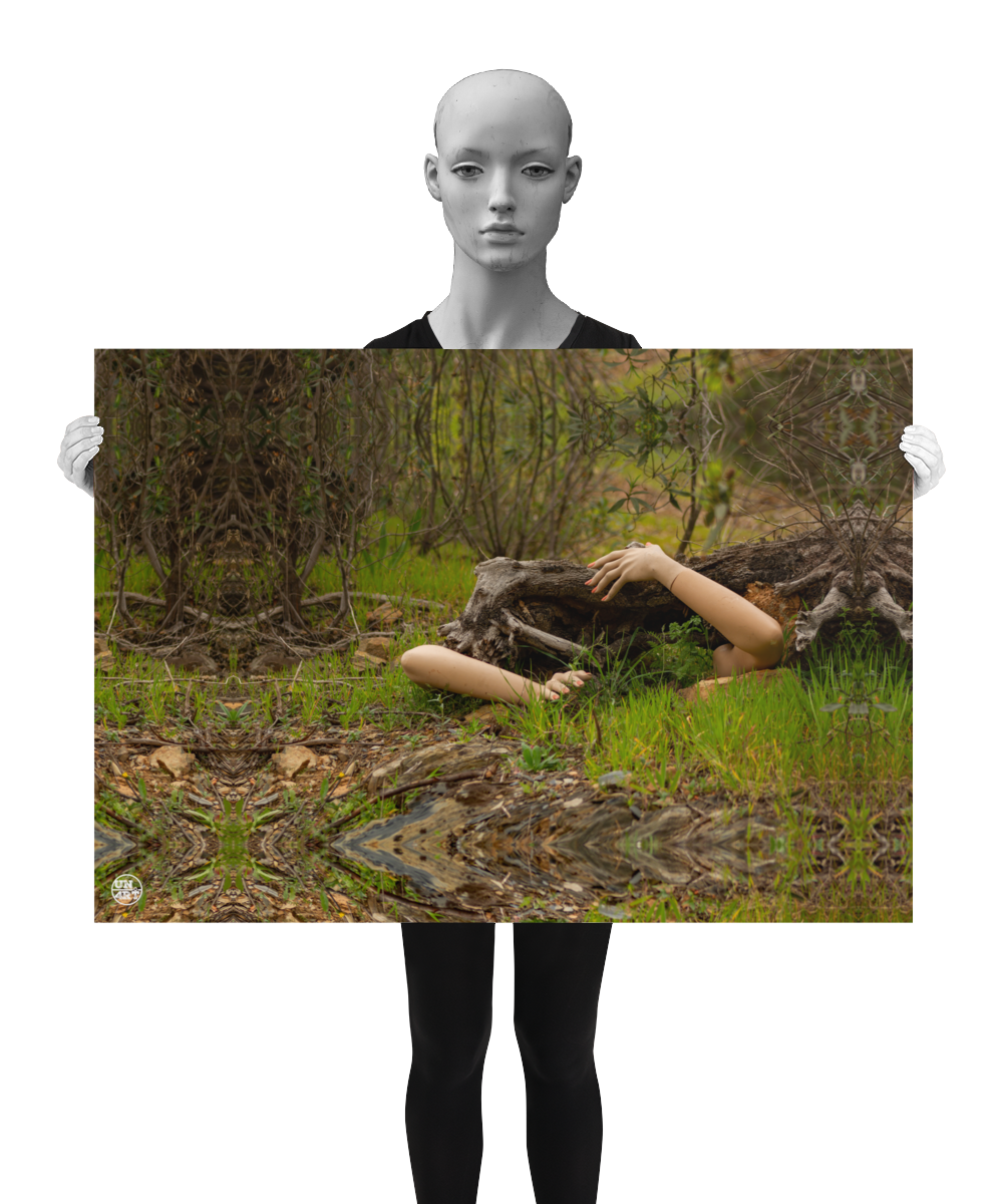 un4rt - a photographie that is mirrored on all sides. the image shows an old fallen tree trunk. two arms are coming out of the bottom touching the trunk. gras and bushes without leaves around the trunk. the image is shown by a mannequin in black and white.