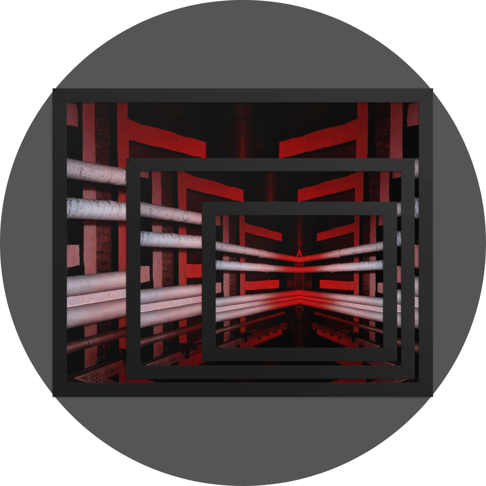 un4rt - the image shows 3 different sizes of the same photographie on top of each other. large size in the back, medium size in the middle and small size on top. the photographie is doubled and then mirrored to create the final image. the photographie shows a brick ceiling with pipes and plastered beams. the ceiling is black, but the pipes and the beams are lightened in red and light grey.