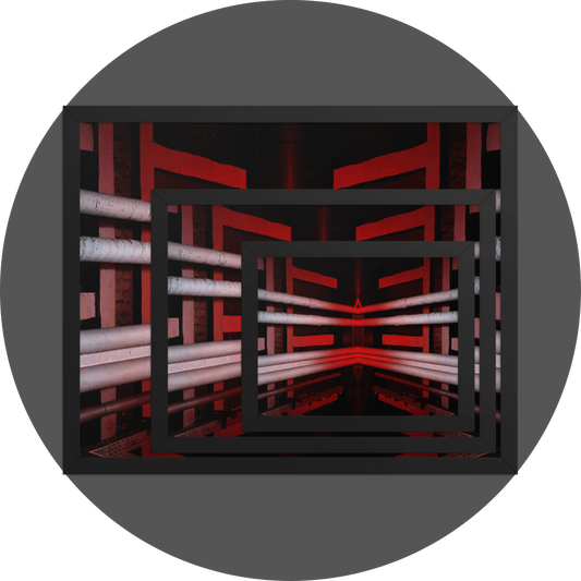 un4rt - the image shows 3 different sizes of the same photographie on top of each other. large size in the back, medium size in the middle and small size on top. the photographie is doubled and then mirrored to create the final image. the photographie shows a brick ceiling with pipes and plastered beams. the ceiling is black, but the pipes and the beams are lightened in red and light grey.