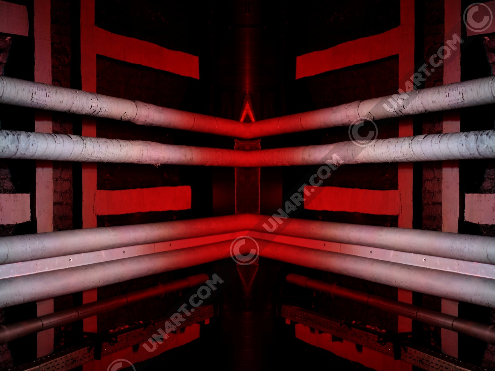 un4rt - the photographie is doubled and then mirrored to create the final image. the photographie shows a brick ceiling with pipes and plastered beams. the ceiling is black, but the pipes and the beams are lightened in red and light grey.