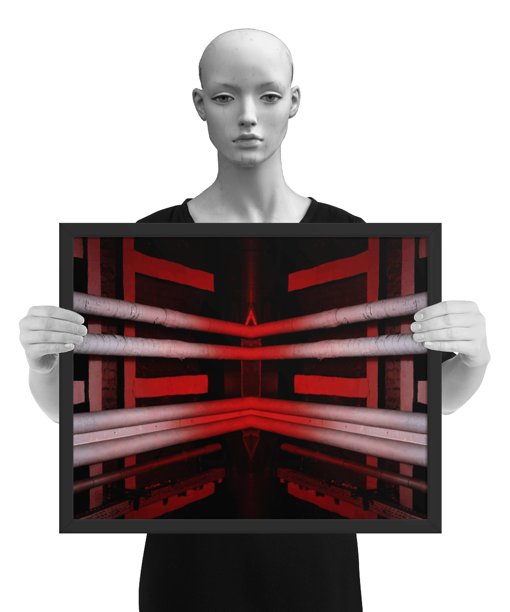 un4rt - the photographie is doubled and then mirrored to create the final image. the photographie shows a brick ceiling with pipes and plastered beams. the ceiling is black, but the pipes and the beams are lightened in red and light grey. the image is framed and presented by a mannequin in black and white.