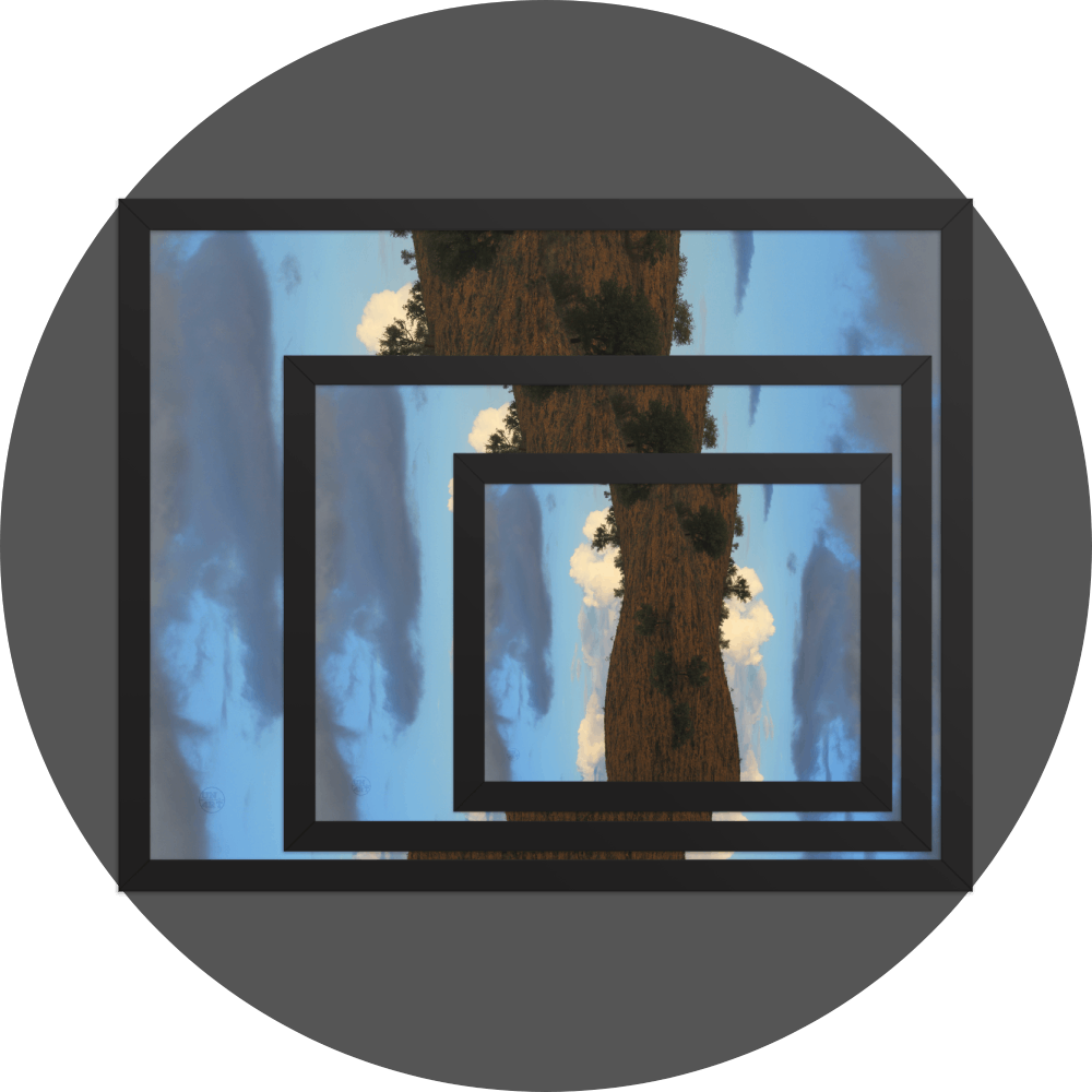 un4rt - the image shows 3 different sizes of the same photographie on top of each other. large size in the back, medium size in the middle and small size on top. the photographie is doubled and then mirrored to create the final image. the photographie shows a dry hilly landscape with some trees and a blue sky with grey and white clouds.