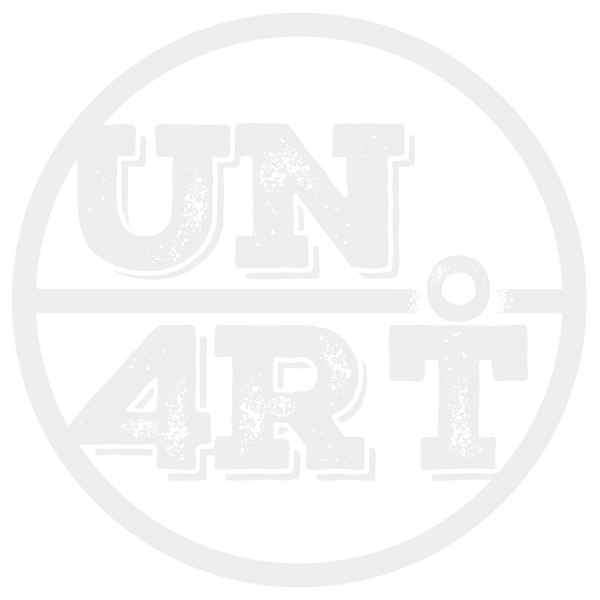 Graphic logo with the word mark UN4RT in light, coarse block letters within a round frame; the circle is divided horizontally in the middle, with UN at the top and 4RT at the bottom; after UN there is a small circle placed centrally above the letter T in the lower part of the word, so that the circle and T together form the stylised silhouette of a person; transparent background.