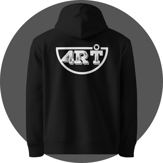 un4rt - the image shows the back of a black cotton hoodie with a big white print of the lower part of the "UN4RT"-logo centered on the back.