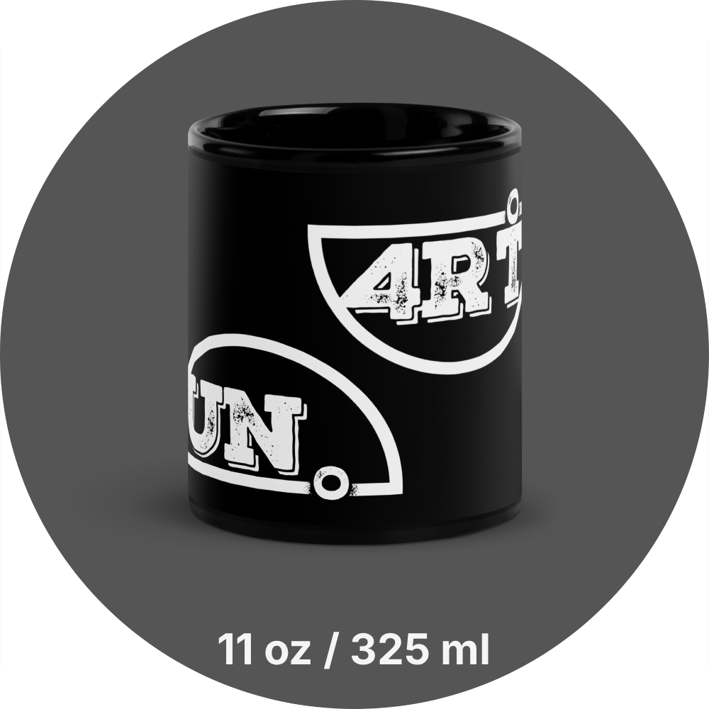 un4rt - the image shows a black 11oz mug with a white print of a splitted "UN4RT"-logo on the front.