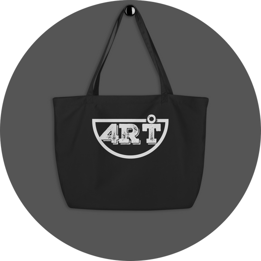 un4rt - the image shows a black certified organic cotton tote bag with a big white print of the lower part of the "UN4RT"-logo on it.