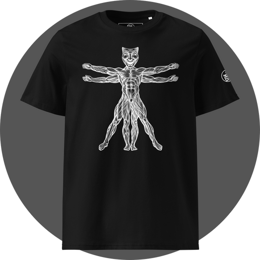 UN4RT black organic cotton t-shirt front, white line art vitruvian man figure with smiling comedy theatre mask as head, arms and legs extended, UN4RT logo on left sleeve.