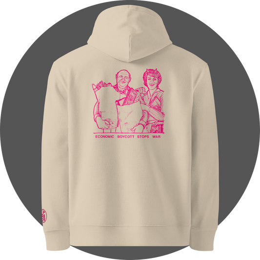 un4rt - the image shows the back of an oystrich colored cotton hoodie with a pink drawing print in the upper area. the print shows a couple doing excessive shopping. the pink letters below the drawing read: "economic boycott stops war". an embroidery of a pink "UN4RT"-logo on the left sleeve, but only the lower art of the logo is visible.