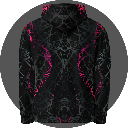 UN4RT black all-over print hoodie back view, symmetrical dark web-like neural pattern with neon pink-red vertical highlights, UN4RT circular logo center left back.