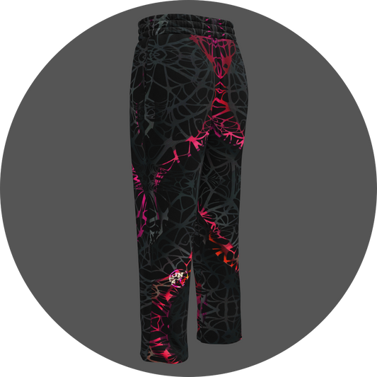 UN4RT black jogger pants back 3D view, all-over dark web-like neural network pattern with neon pink-red gradient highlights, UN4RT circular logo on left leg.