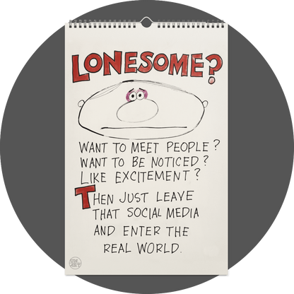 un4rt - the image shows a calendar site with a white background and a black line drawing of a bored face. the title of the image above the face says "lonesome?" in big red letters. text in black thin letters below the face.
