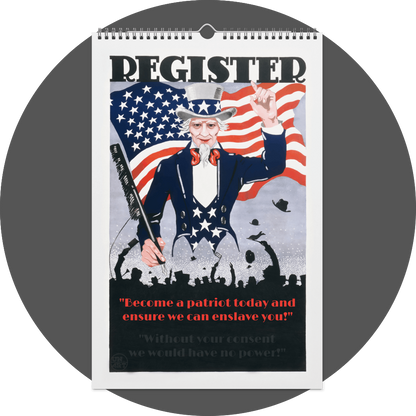 un4rt - the image shows a calendar site with a picture of a giant "uncle sam" in front of an us-flag. the silhouette of a cheering crowd below him. the title of the picture says: "register". more text below the cheering  crowd.