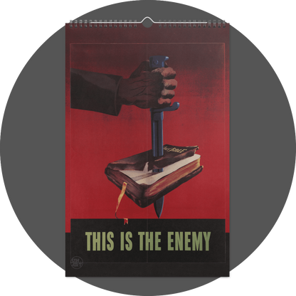 un4rt - the image shows a calendar site with a hand plunging a large knife through a bible. the background is red and smoky. the text on the bottom, inside a black box, says: "this is the enemy".