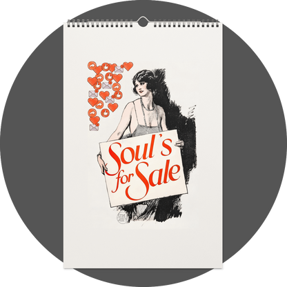 un4rt - the image shows a calendar site with a white background and the scetch of a 1920´s model holding a sign in front of her body. the text on the sign is written in red letters and says: "Soul´s for sale". the model is looking at a cloud made of social media icons.