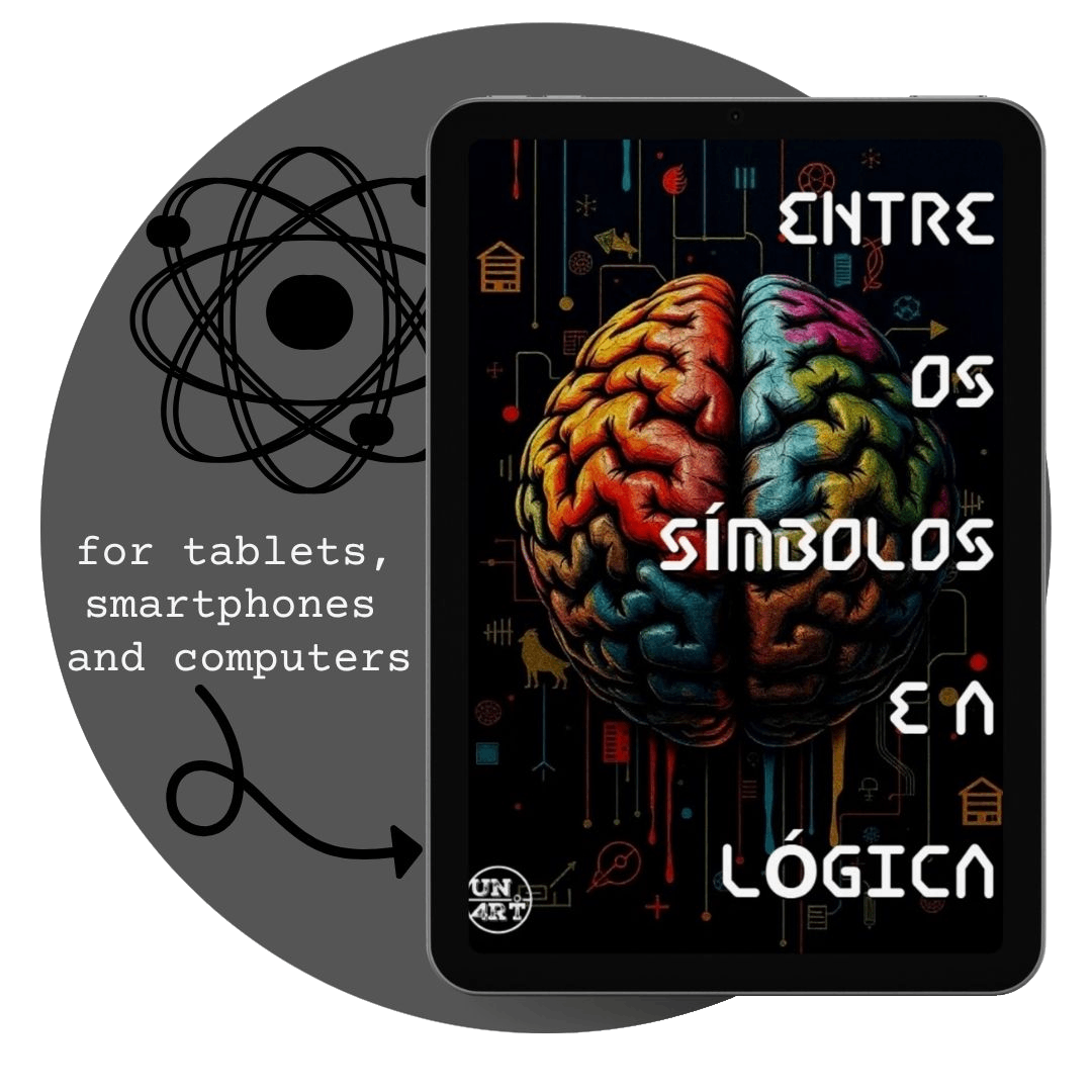 UN4RT - imagem de um tablet com a capa do ebook "Entre os Símbolos e a Lógica" dentro de um círculo cinza com o desenho de um átomo