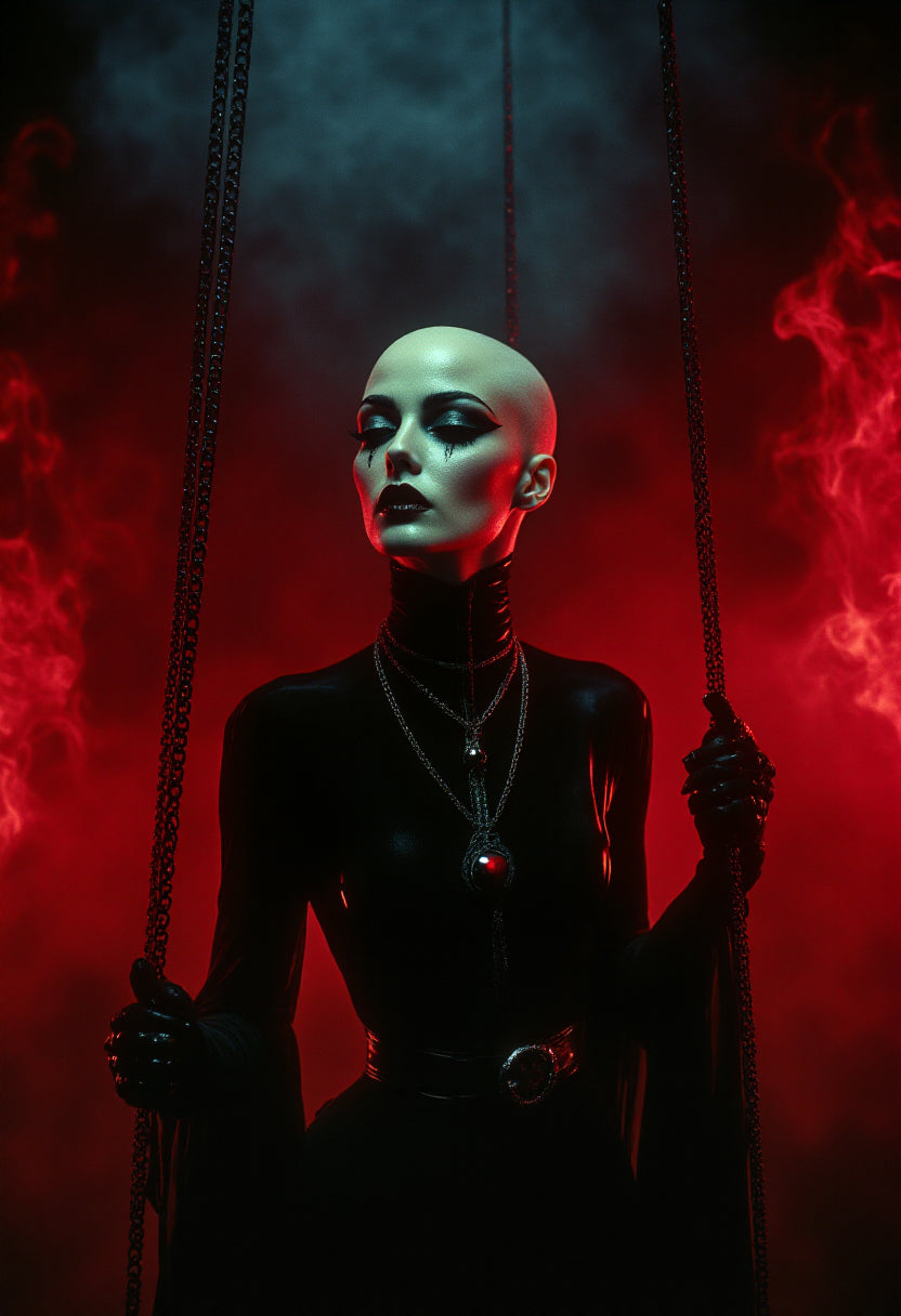 UN4RT - a imagem contém uma mulher careca e tatuada vestida com roupas de vinil negro em meio a correntes e fumaça vermelha