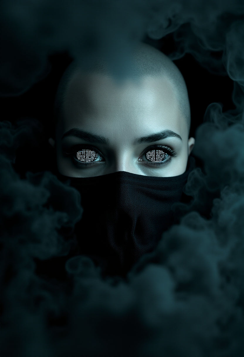 UN4RT - a imagem contém o rosto de uma mulher careca parcialmente coberto com um véu negro, os olhos da mulher possuem códigos de programação refletidos em suas pupilas, a ena é em meio a fumaça cinza sobre um fundo escuro