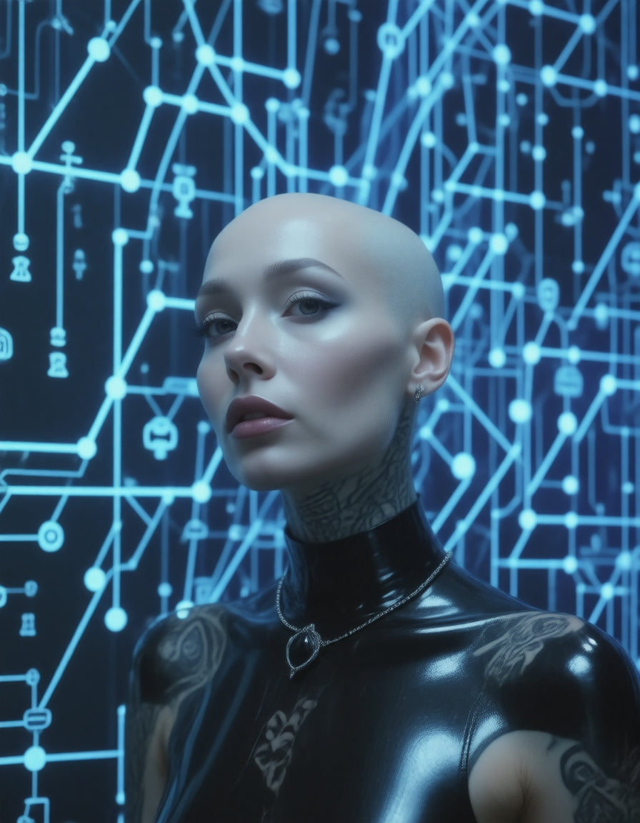 UN4RT - a imagem contém uma mulher careca e tatuada vestida com roupas de vinil negro em meio a códigos conectados de uma rede neural em estilo circuitos de computador