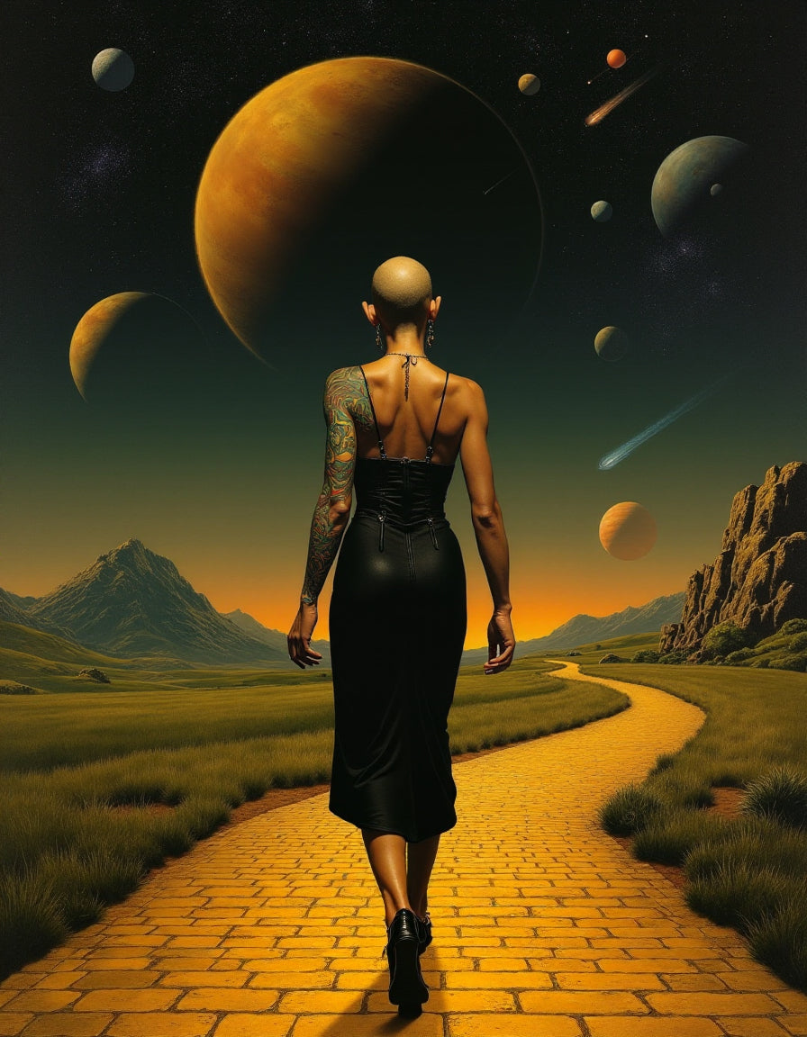 UN4RT - imagem de uma mulher careca, tatuada e vestida de negro em meio a uma paisagem surrealista, com diversos planetas no céu