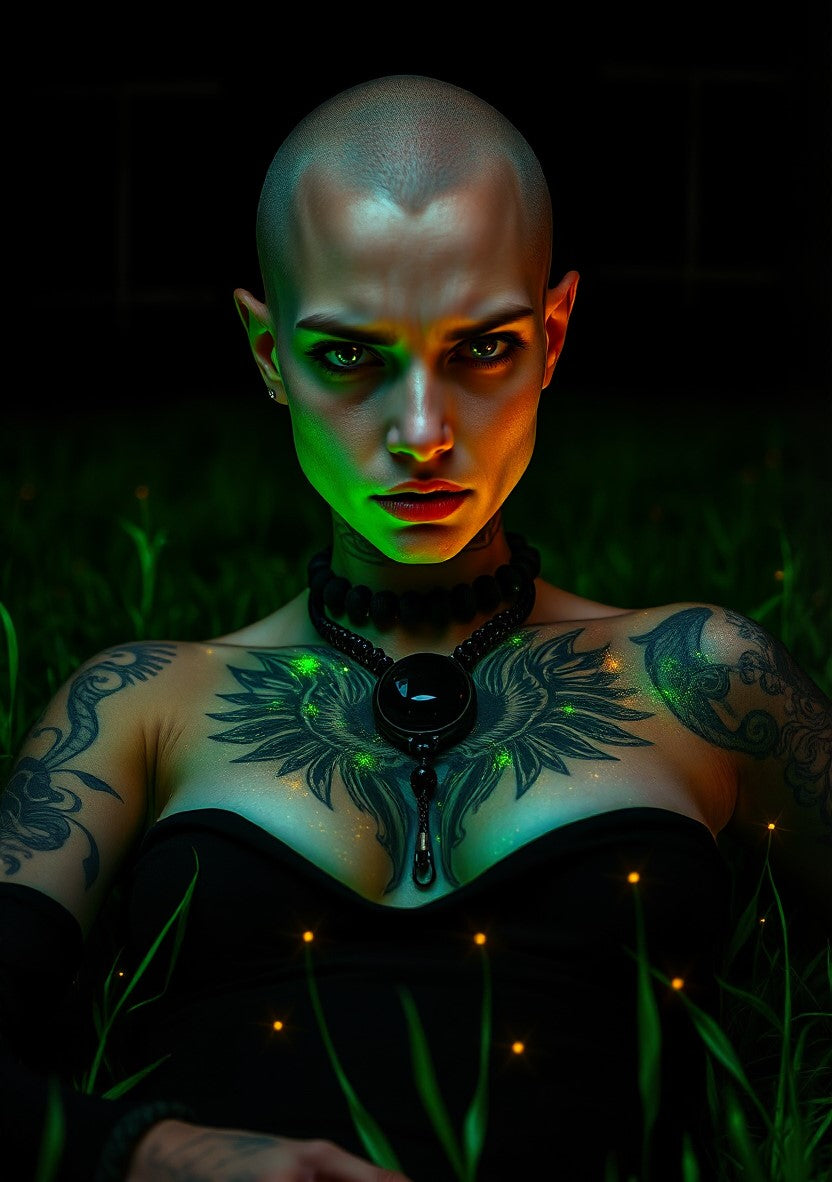 UN4RT - a imagem contém uma mulher careca, tatuada, vestida de negro e usando um grande colar com uma pedra negra incrustada deitada sobre um gramado noturno com pontos luminosos
