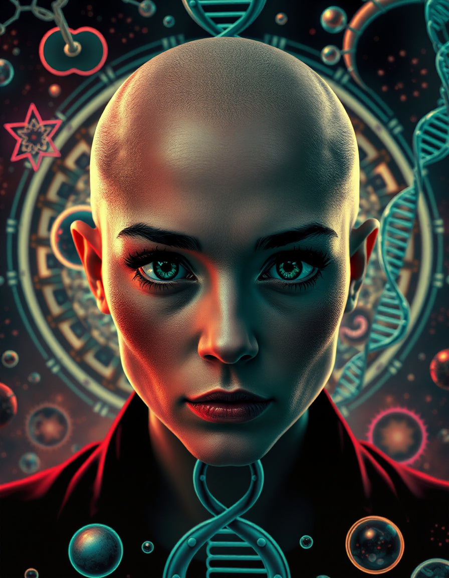 UN4RT  -imagem em close up do rosto de uma mulger careca em meio a diversos símbolos, mandalas e sequências de DNA