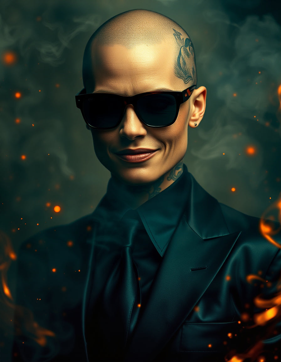 UN4RT - imagem de uma mulher careca  tatuada vestida com um terno negro e usando óculos escuros sobre um fundo escuro com fogo e fumaça