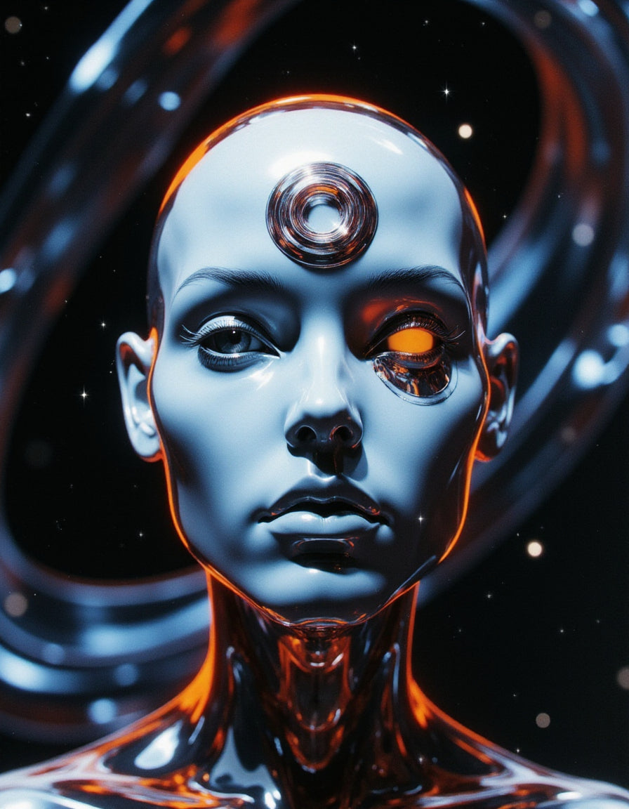 UN4RT - imagem em close up do rosto de uma mulher robótica sobre um fundo cósmico fluido
