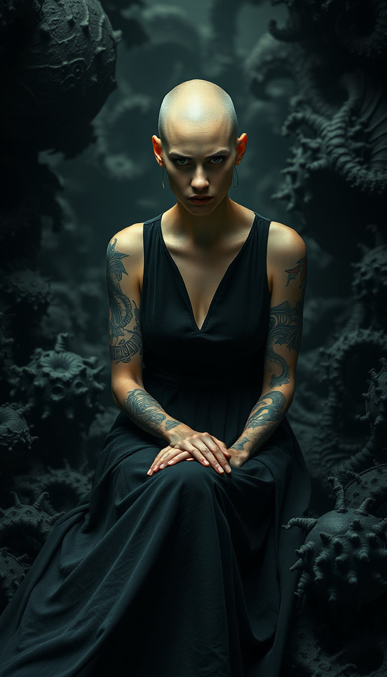 UN4RT - imagem de uma mulher careca com um semblante austero, com tatuagens nos braços e vestida de negro sentada em meio a fractais escuros