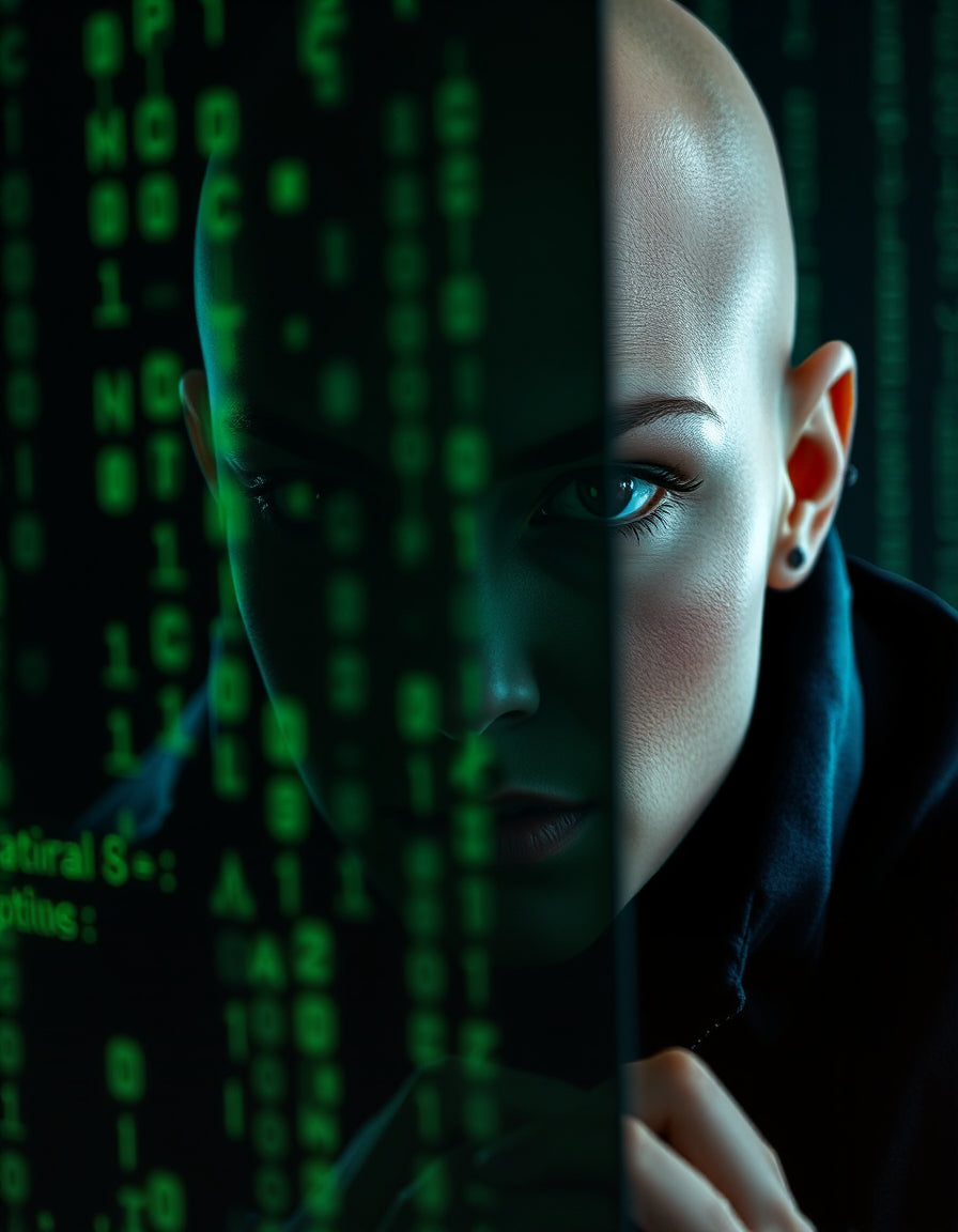 UN4RT - imagem do rosto de uma mulher careca vestida de negro, parcialmente encoberto por códigos de matrix