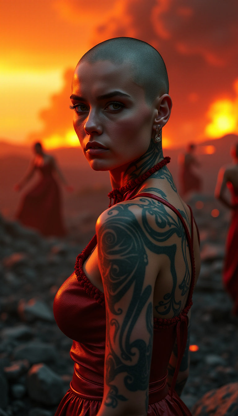UN4RT - a imagem contém uma mulher careca tatuada, vestida com um vestido vermelho em meio a chamas de um vulcão e outras mulheres vestidas da mesma forma