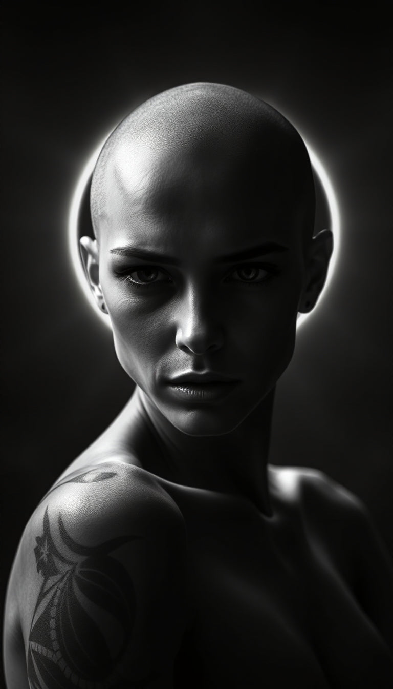 UN4RT - imagem em preto e branco de uma mulher careca tatuada sobre um fundo acinzentado 