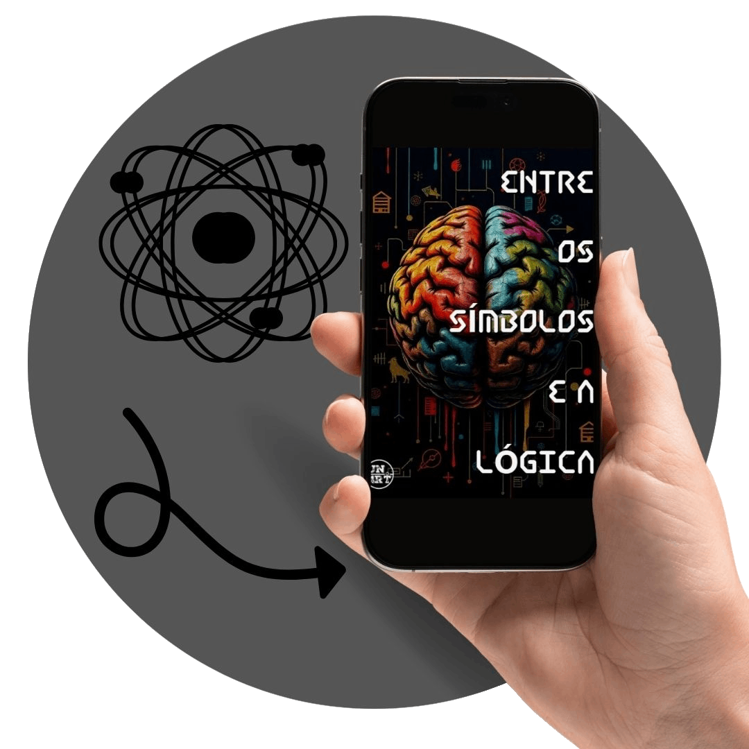 UN4RT - imagem de uma mão feminina segurando um smartphone com a capa do ebook "Entre os Símbolos e a Lógica" dentro de um círculo cinza com o desenho de um átomo