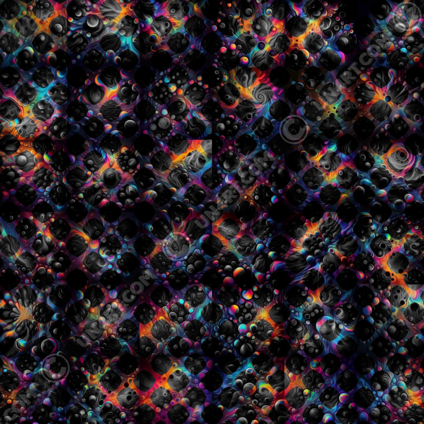 un4rt - the image shows 36 small images with bubbles and cosmic enery lines. these 36 images are arranged in 6 rows with 6 images in each row. all 36 images together create the backround. the background is overlayed by a grid pattern with rounded squares. the background images are colorfull (rainbow colors). the background shines through the whole grid, but inside the rounded squares of the grid the backround is black and white. 