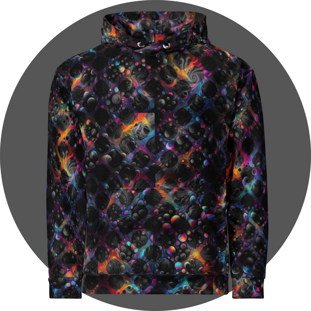 un4rt - the image shows the front of a hoodie with images with bubbles and cosmic enery lines in the background. the background is overlayed by a grid pattern with rounded squares. the background images are colorfull (rainbow colors). the background shines through the whole grid, but inside the rounded squares of the grid the backround is black and white. 