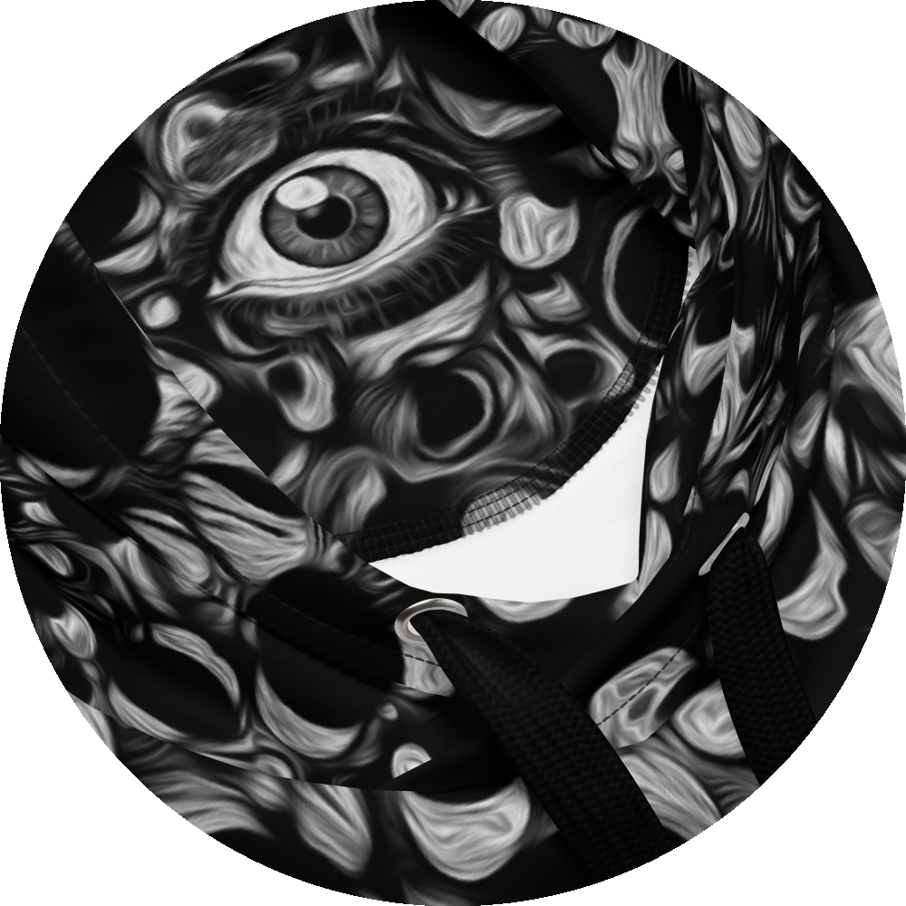 un4rt - the image shows details of a hoodie with an abstract pattern of irregular black and white dots and circles. the white parts are structured like in an oil painting. the dots and circles are merging into each other. an eye is integrated in the center of the pattern.