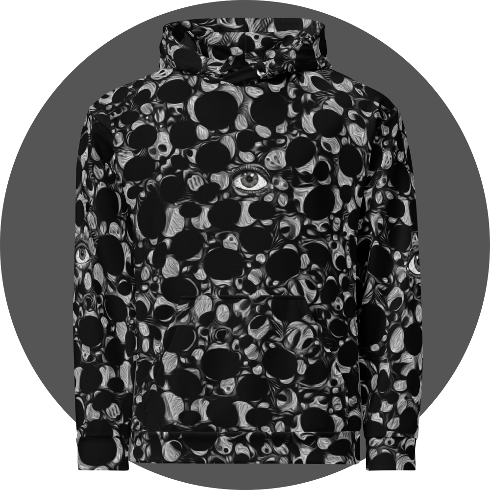 un4rt - the image shows the front of a hoodie with an abstract pattern of irregular black and white dots and circles. the white parts are structured like in an oil painting. the dots and circles are merging into each other. an eye is integrated in the center of the pattern.