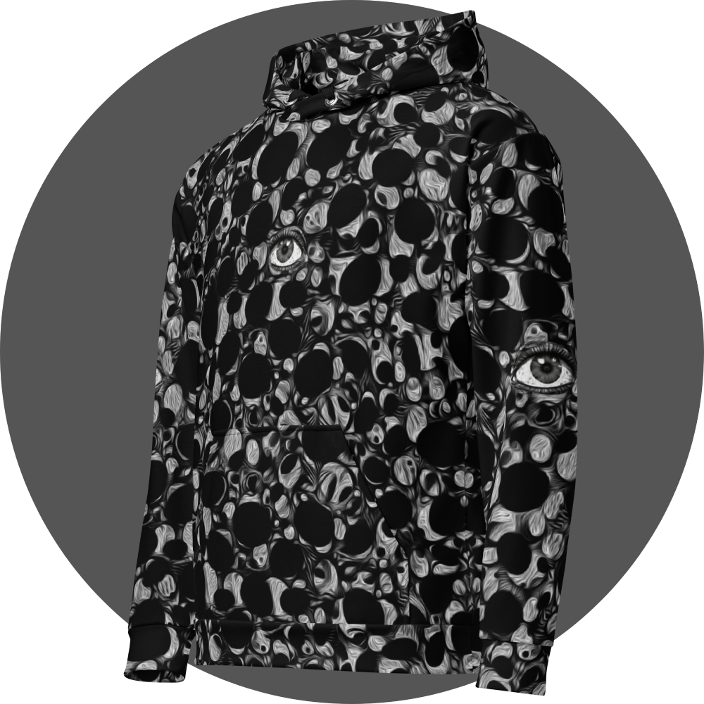 un4rt - the image shows the left front of a hoodie with an abstract pattern of irregular black and white dots and circles. the white parts are structured like in an oil painting. the dots and circles are merging into each other. an eye is integrated in the center of the front. another eye is integrated on the sleeve.