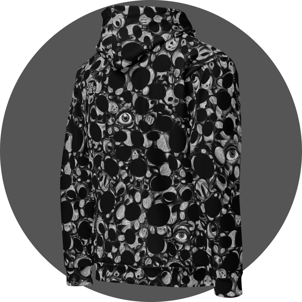 un4rt - the image shows the right back of a hoodie with an abstract pattern of irregular black and white dots and circles. the white parts are structured like in an oil painting. the dots and circles are merging into each other. some eyes are integrated in the pattern.