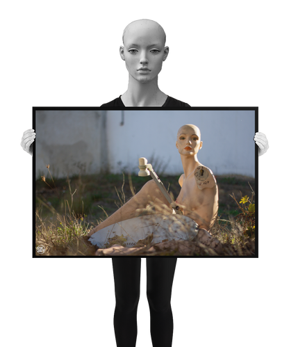 un4rt - almost human gallery poster mockup picture with a mannequin sitting outdoor next to an old satelite dish. white stonewall in the background. the poster is held by a mannequin.