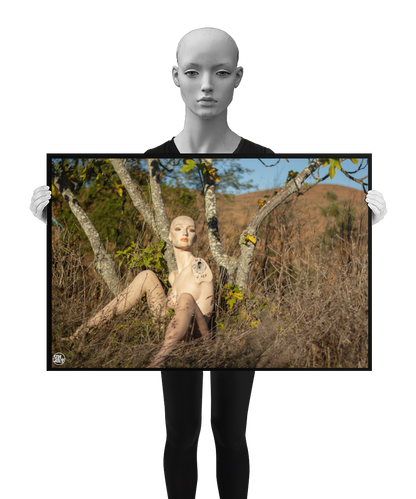un4rt - almost human gallery poster mockup picture with a mannequin sitting outdoor in front of an old fig tree in between dried gras. dry hills in the background. the poster is held by a mannequin.