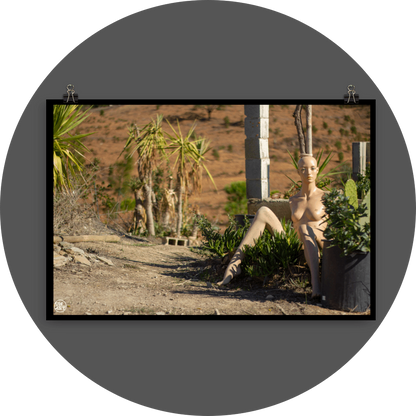 un4rt - almost human gallery poster mockup picture with a mannequin sitting outdoor in between some plants