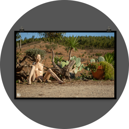 un4rt - almost human gallery poster mockup picture with a mannequin sitting outdoor in front of some plants