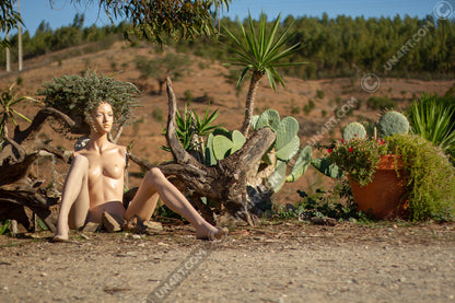 un4rt - almost human gallery poster mockup picture with a mannequin sitting outdoor in front of some plants