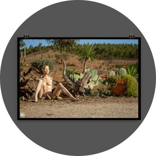 un4rt - almost human gallery poster mockup picture with a mannequin sitting outdoor in front of some plants