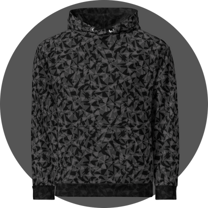 un4rt - the image shows the front of a hoodie with two layers of different and arbitrary angular shapes that are superimposed and shine through each other. the superimposition results in the color tones light grey, dark grey and black. the overall structure is chaotic but uniform.