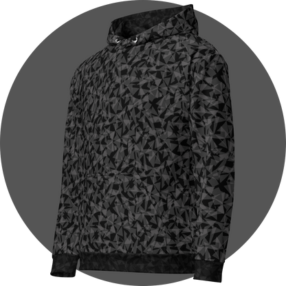 un4rt - the image shows the left front of a hoodie with two layers of different and arbitrary angular shapes that are superimposed and shine through each other. the superimposition results in the color tones light grey, dark grey and black. the overall structure is chaotic but uniform.