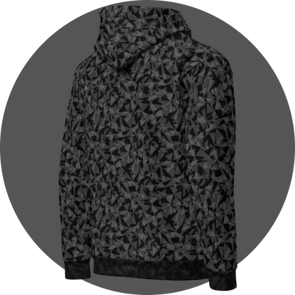 un4rt - the image shows the right back of a hoodie with two layers of different and arbitrary angular shapes that are superimposed and shine through each other. the superimposition results in the color tones light grey, dark grey and black. the overall structure is chaotic but uniform.