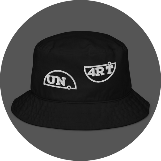 un4rt - the image shows a black cotton bucket hat with white embroidery of a splitted "UN4RT"-logo.