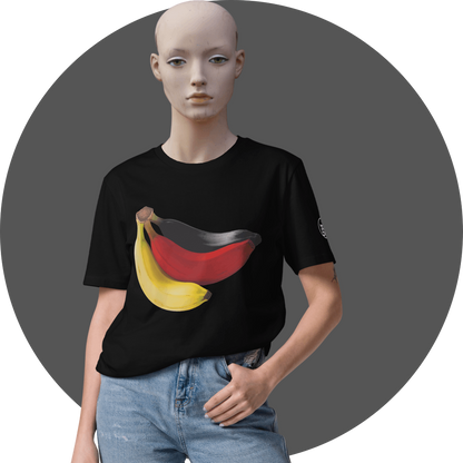 UN4RT black t-shirt, large photorealistic banana bunch graphic in yellow, red and dark grey tones centered on chest, UN4RT logo patch on left sleeve, relaxed fit, female mannequin front view, grey circular background.